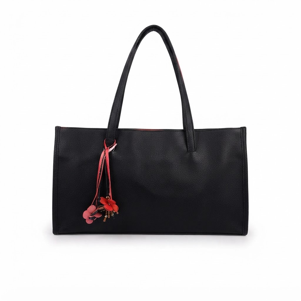 Black Utility Tote with Flower Charm