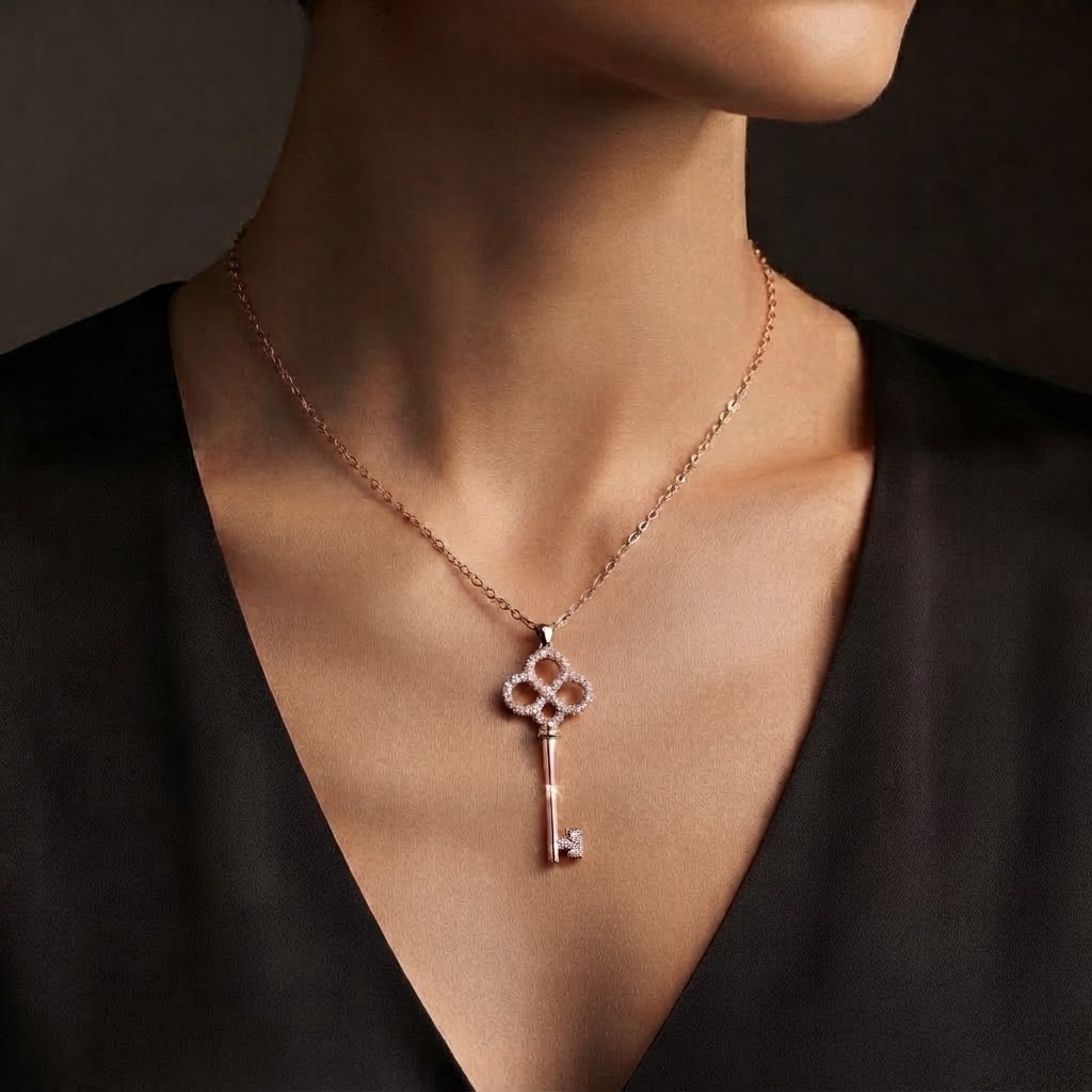 Rose Gold Crystal Key Pendant Necklace