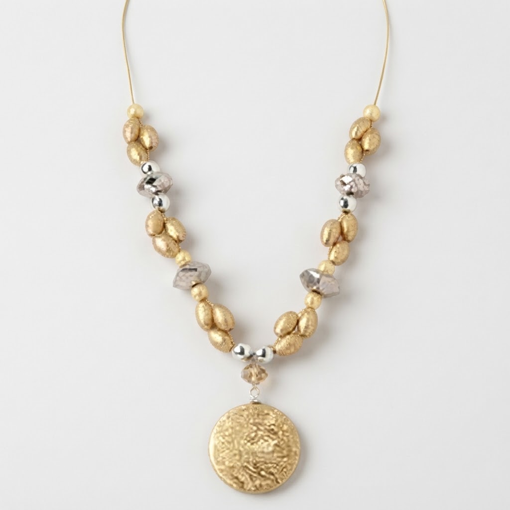 Textured Gold Disc Beaded Pendant Necklace