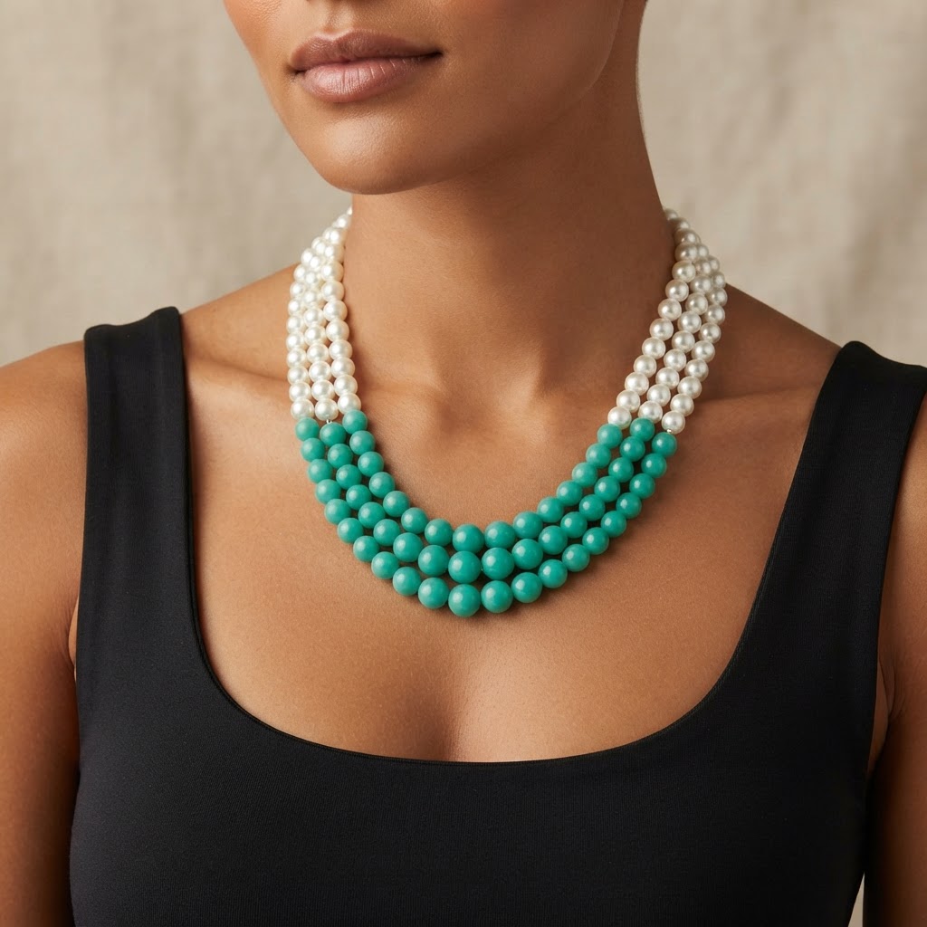 Turquoise & Pearl Three-Strand Statement Necklace
