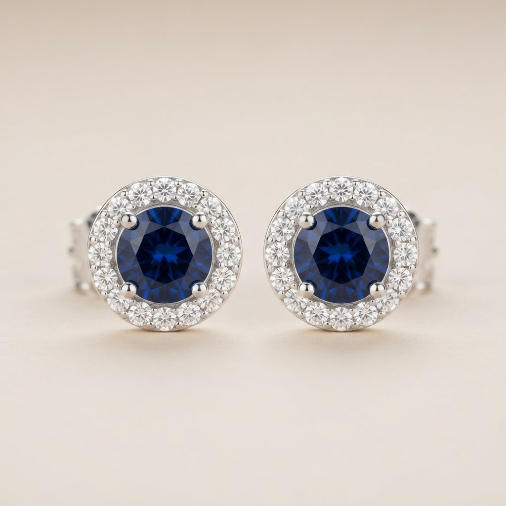 Sapphire Blue Halo Stud Earrings