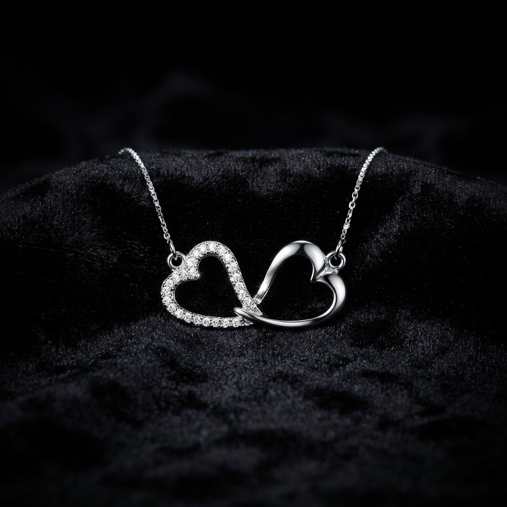 Silver Crystal Interlocking Hearts Necklace