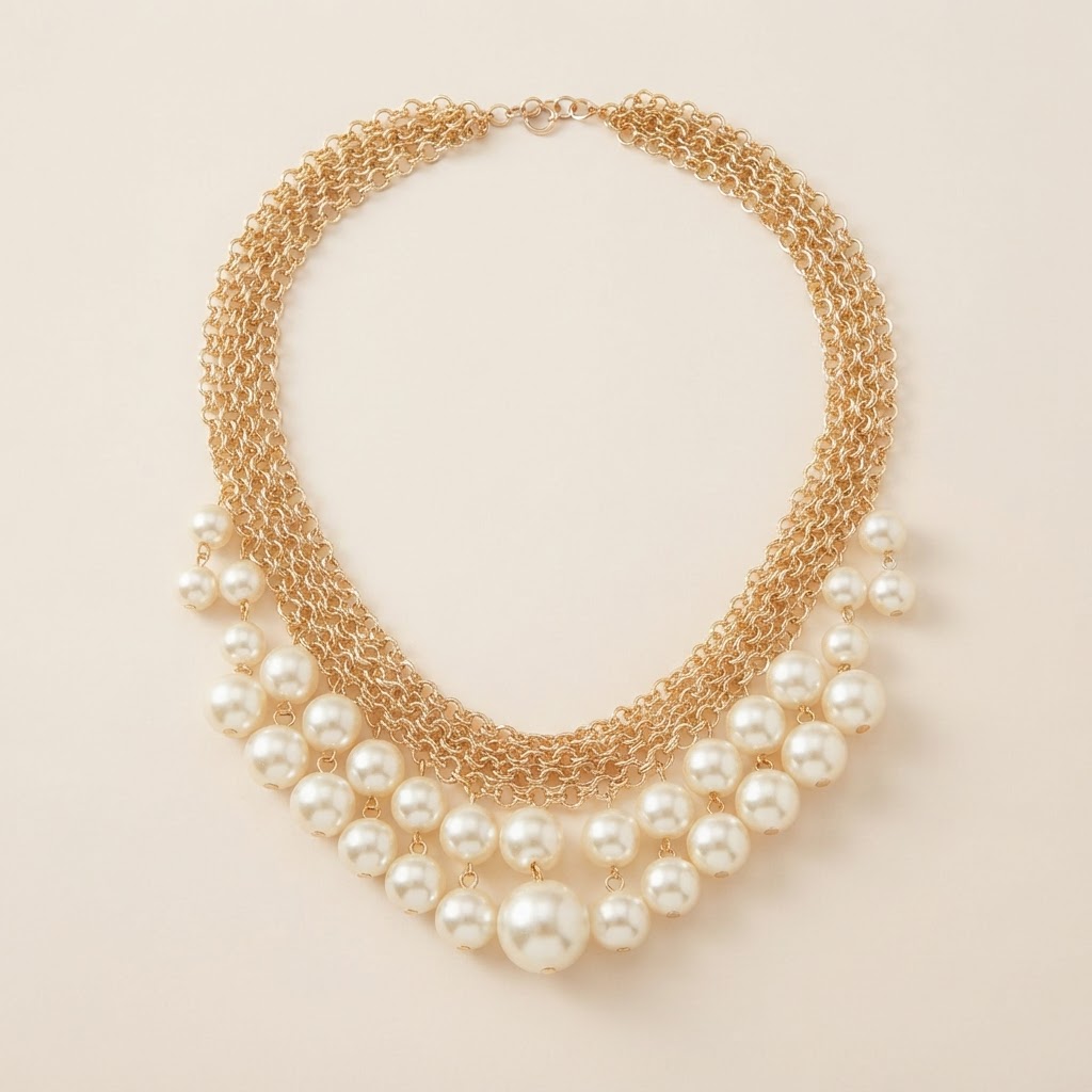 Gold Faux Pearl Bib Necklace