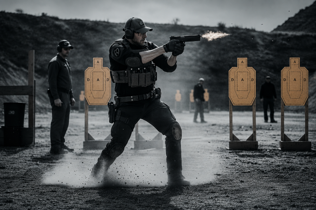 Professional USPSA shooter at competition range