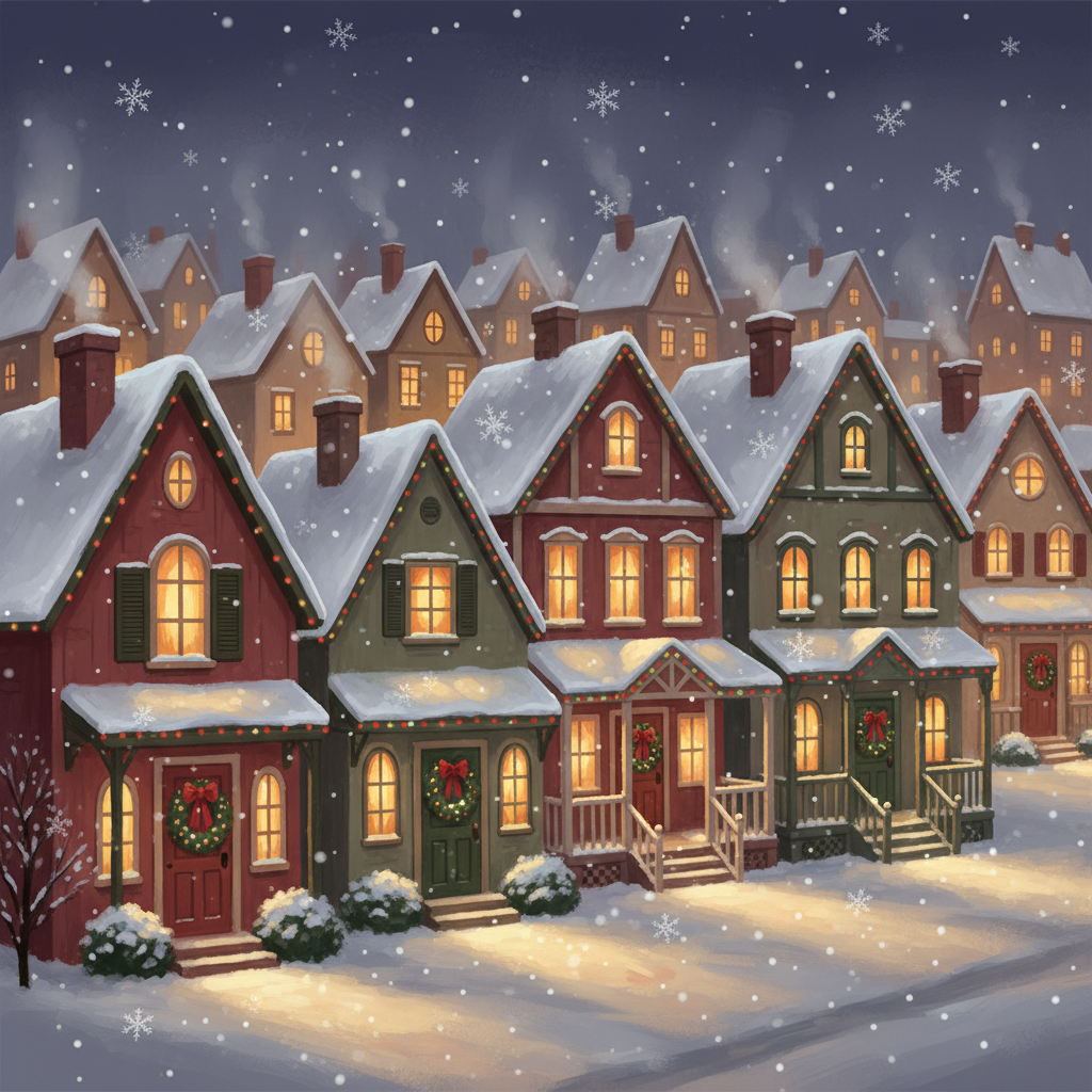 A cozy Christmas neighborhood with glowing windows and snow