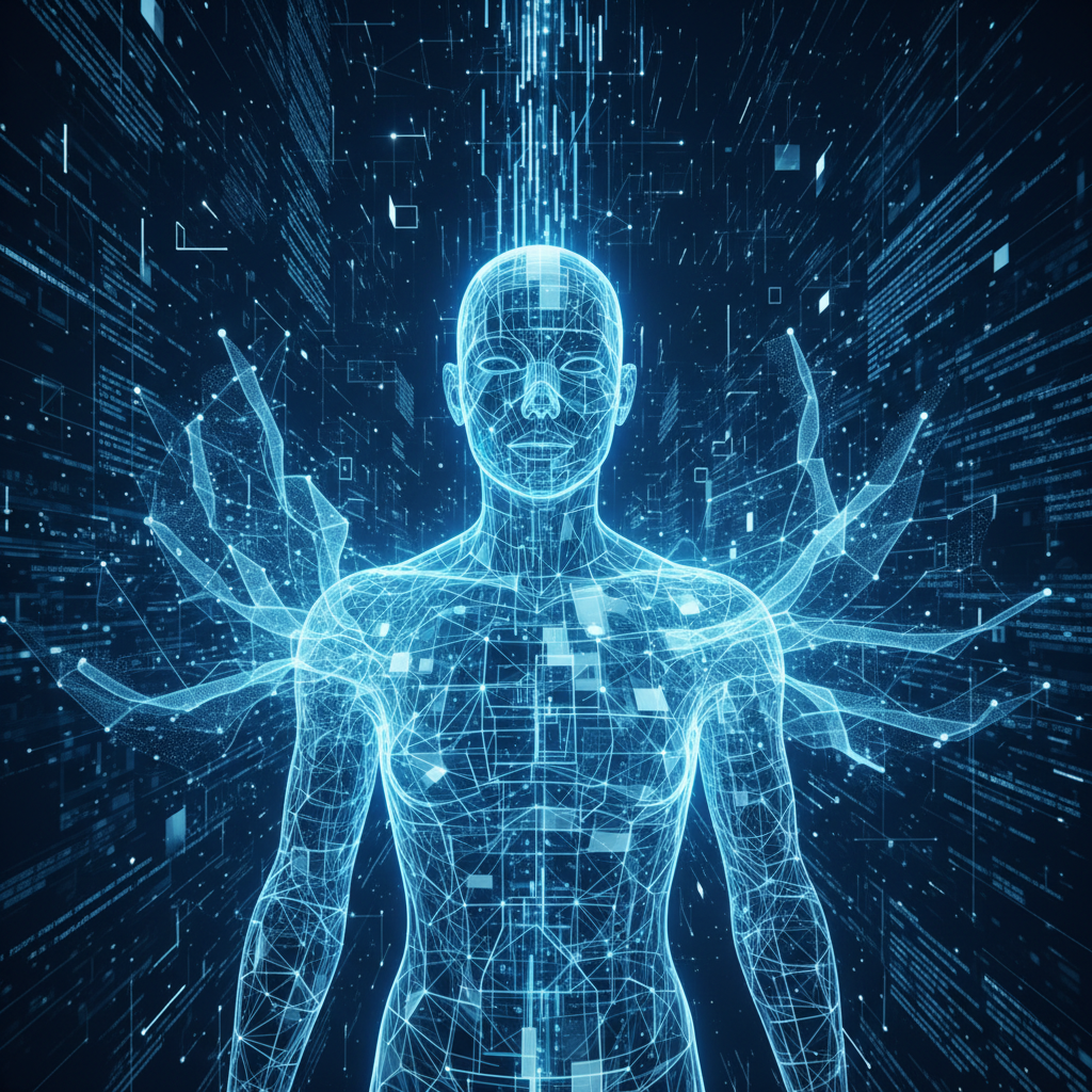 A dynamic depiction of an advanced language model, with flowing lines and elements of code, symbolizing technological data.