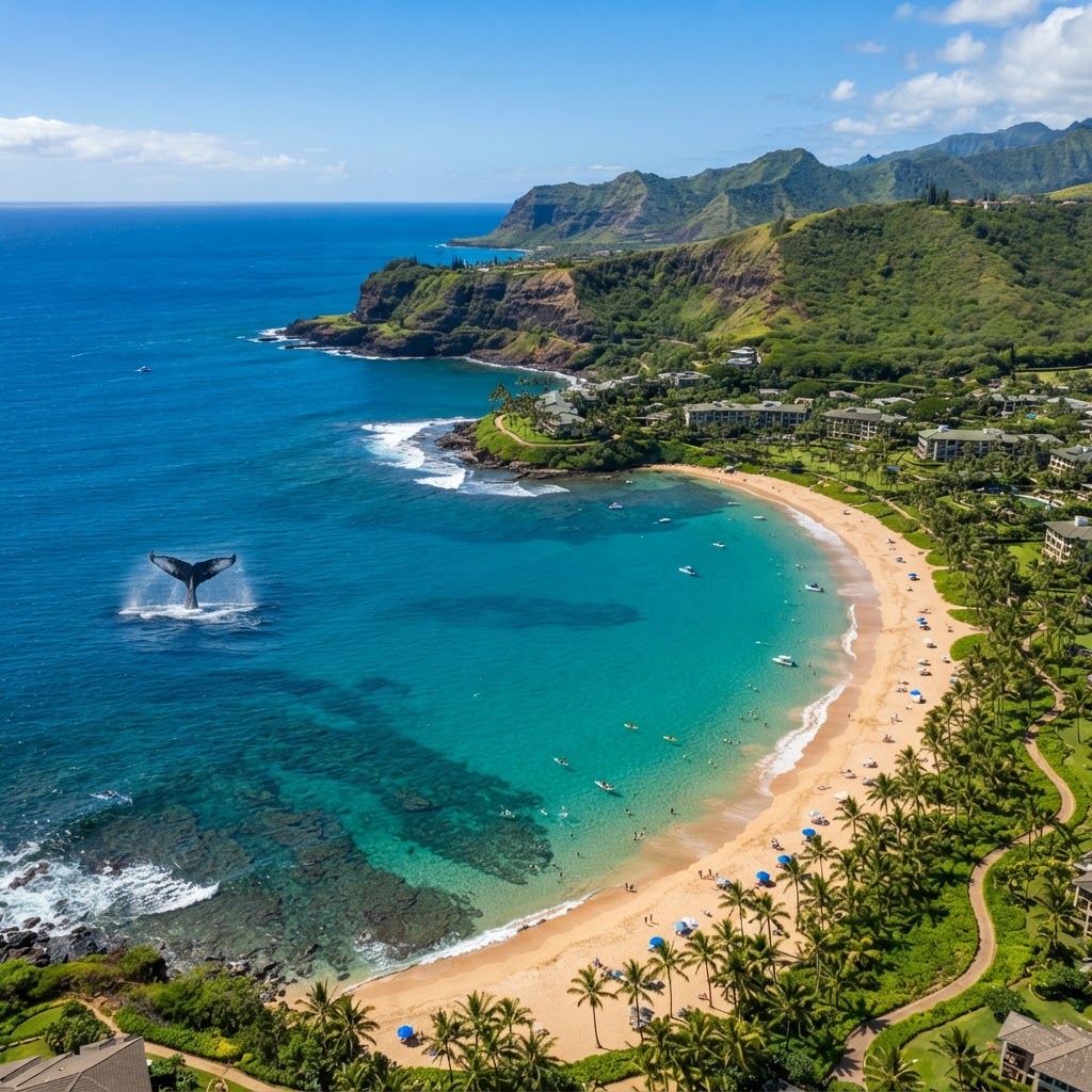 Kapalua Bay, West Maui, with a humpback whale visible offshore