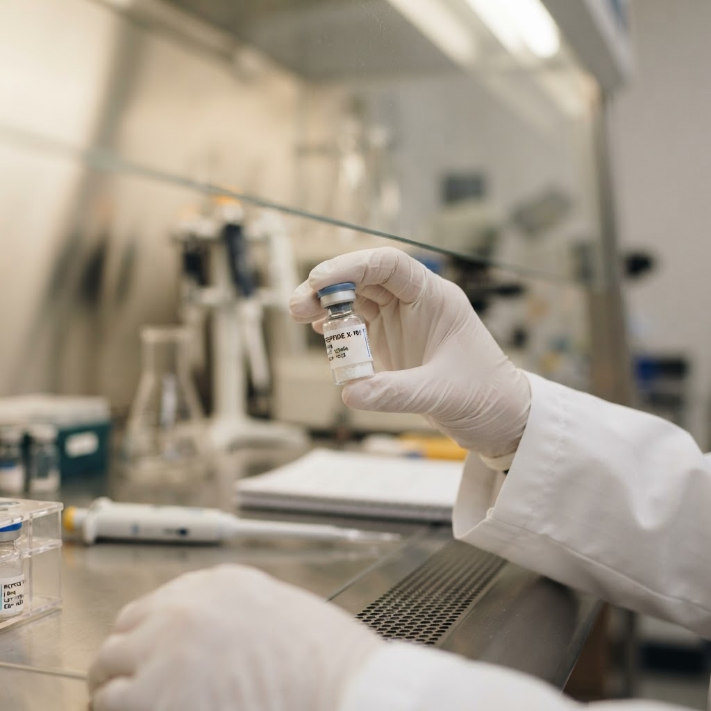 Scientist handling Type 1 glass vial of research peptide in sterile laboratory