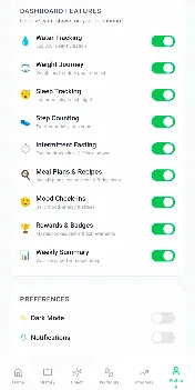Dashboard settings with toggles for water tracking, weight journey, sleep, steps, fasting, meal plans, mood check-ins and rewards