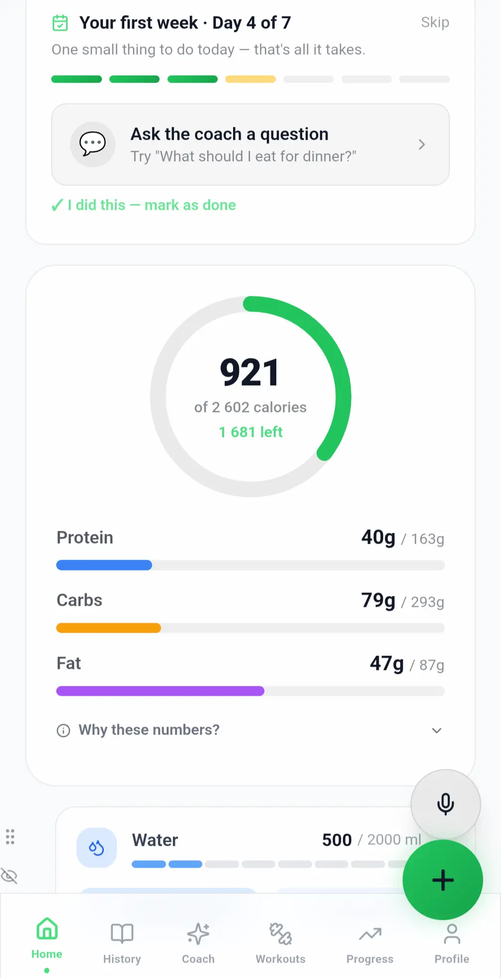 Navilo Health home dashboard showing a calorie ring with 921 of 2602 calories eaten, protein, carbs and fat progress bars, and a first-week guide