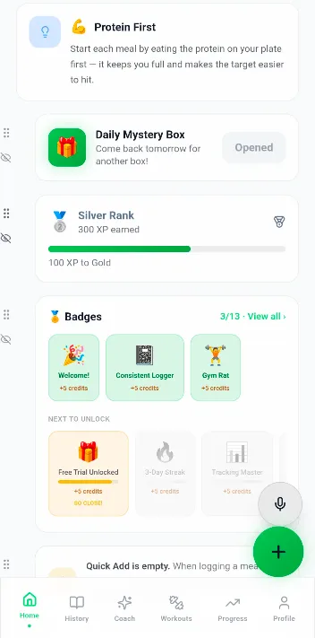 Rewards screen with daily mystery box, XP rank and badges