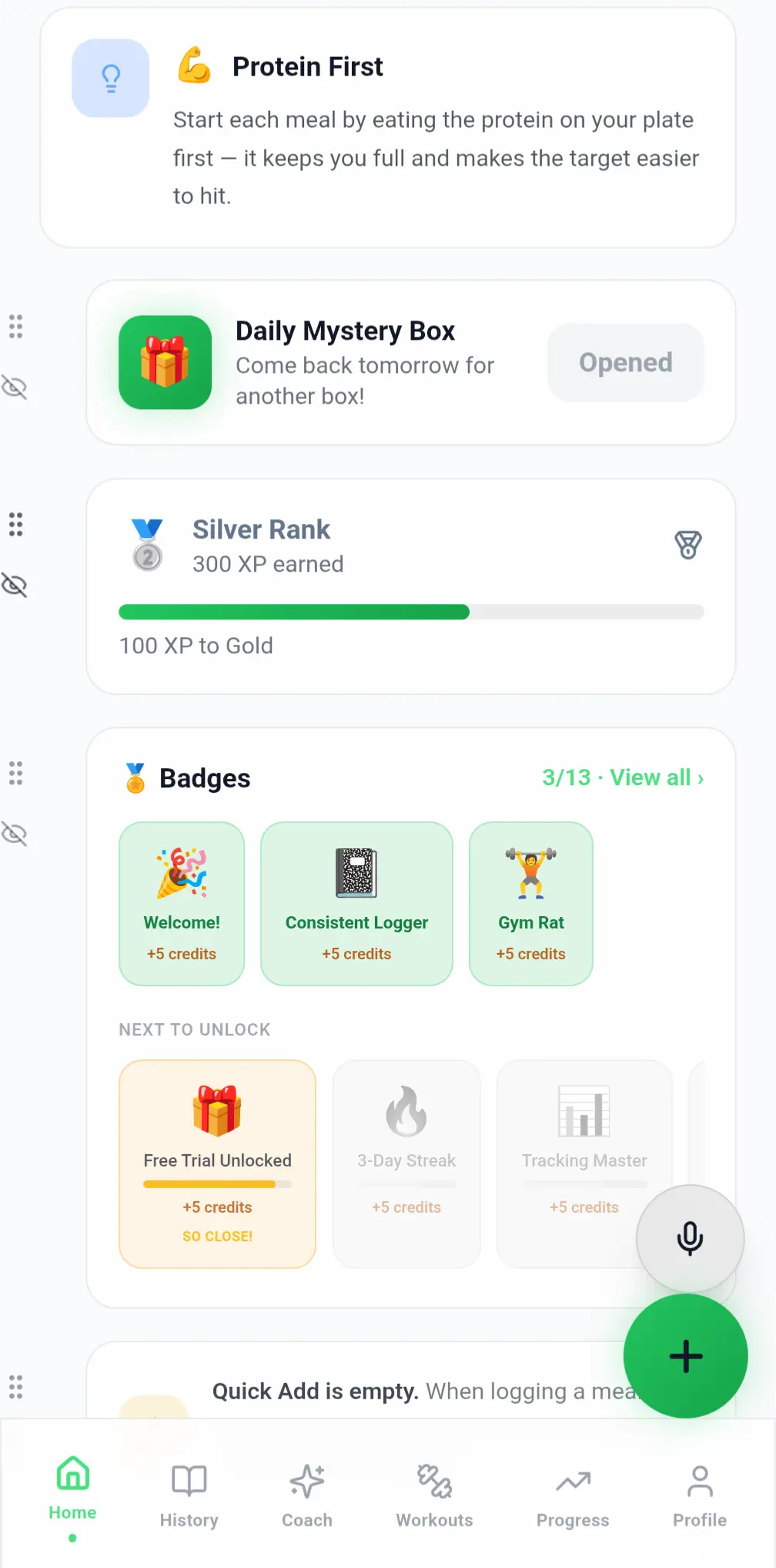 Rewards screen with daily mystery box, XP rank and badges