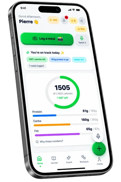 Navilo Health dashboard with a Log a meal button and Speak it voice button, a calorie ring showing 1505 of 2602 calories with 1097 left, and protein, carbs and fat bars at 61 of 163 g, 180 of 293 g and 65 of 87 g