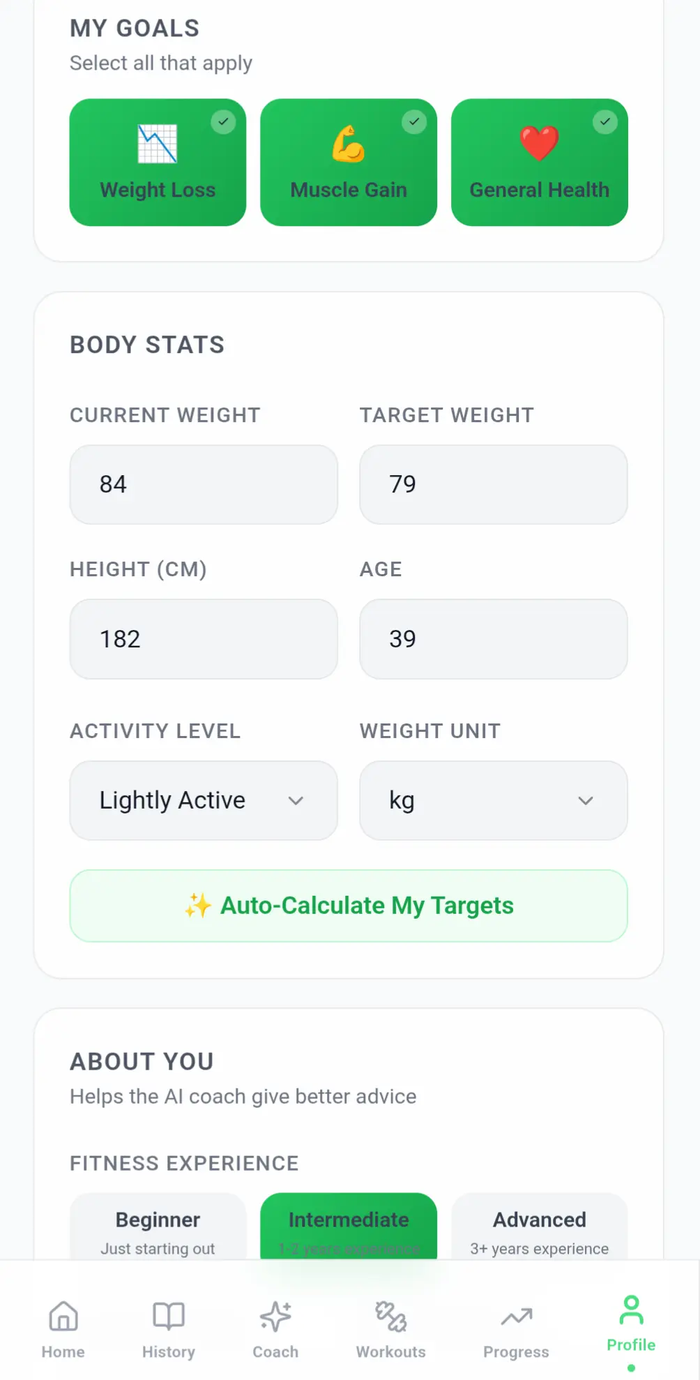 Profile page with goals, body stats and auto-calculated targets