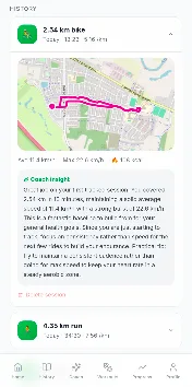 GPS-tracked 2.54 km bike ride with the route drawn on a map, average and max speed, 108 kcal burned, and an AI coach insight about the session