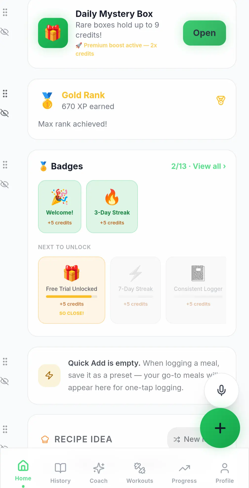 Navilo Health dashboard showing a Daily Mystery Box card, a Gold Rank card with 670 XP earned, and a Badges card with two earned badges and three more to unlock, each worth extra credits