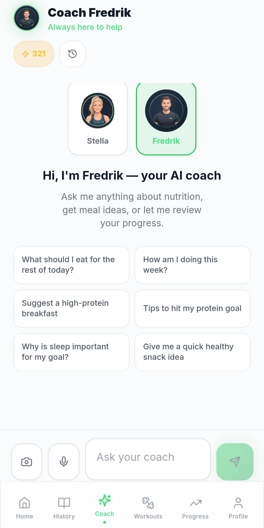 Navilo Health AI coach screen with two selectable coaches, Stella and Fredrik, a greeting from Fredrik and suggested questions such as what should I eat for the rest of today and how am I doing this week, above a chat box with camera and microphone buttons