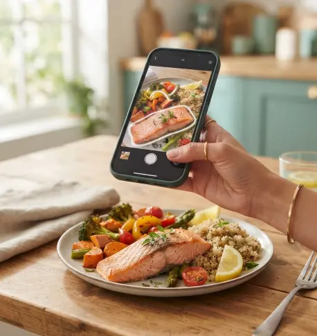 Hand holding a smartphone above a plate of salmon, quinoa and roasted vegetables while an AI food tracker app outlines each food on screen