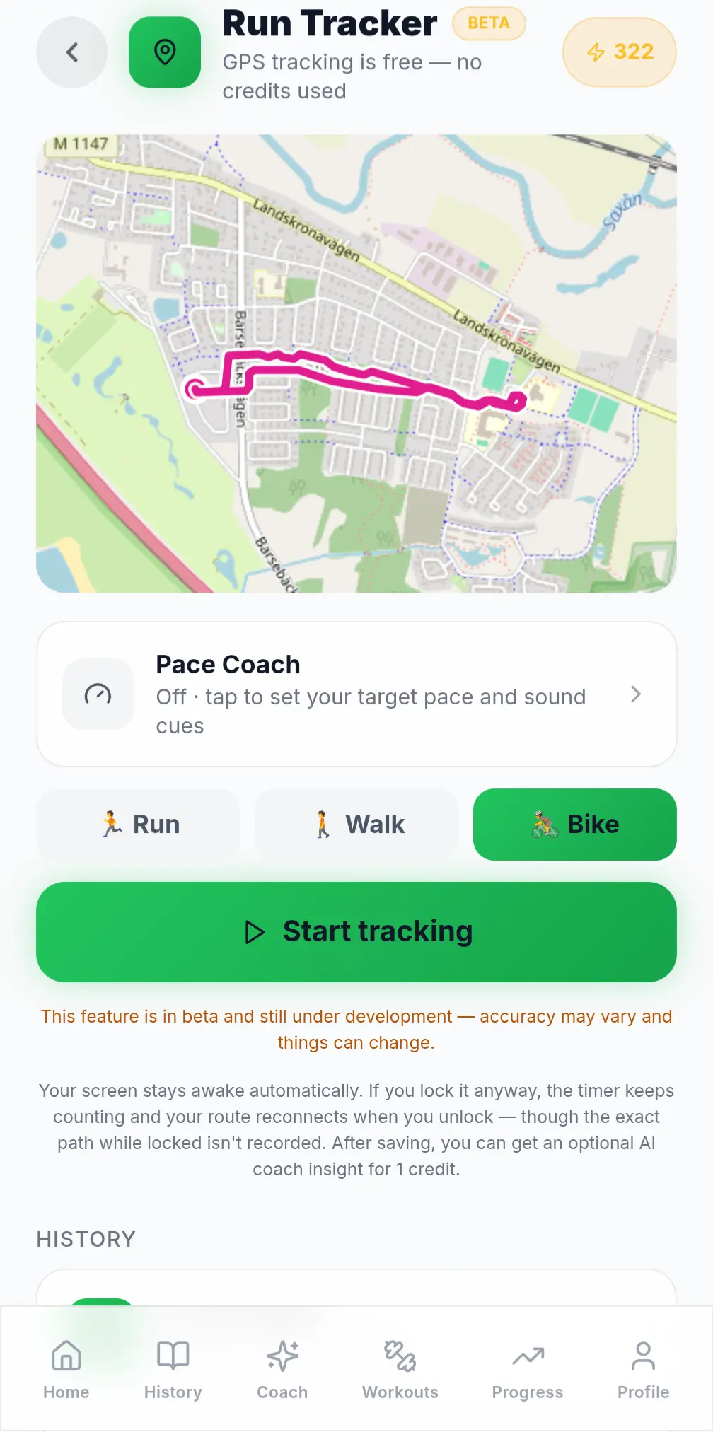 Navilo Health Run Tracker screen showing a live GPS route map of a tracked ride above the Pace Coach card, the run, walk and bike selector and a Start tracking button