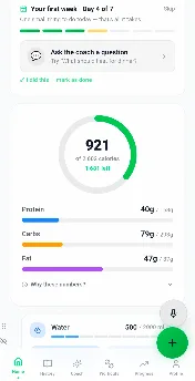 Navilo Health home dashboard showing a calorie ring with 921 of 2602 calories eaten, protein, carbs and fat progress bars, and a first-week guide