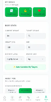 Profile page where goals like weight loss, muscle gain and general health are selected, with body stats and an auto-calculate targets button