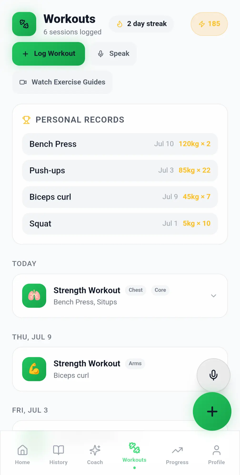 Workouts page with personal records and voice workout logging