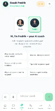 AI coach screen with selectable coach personas Stella and Fredrik, and quick questions like "What should I eat for the rest of today?"