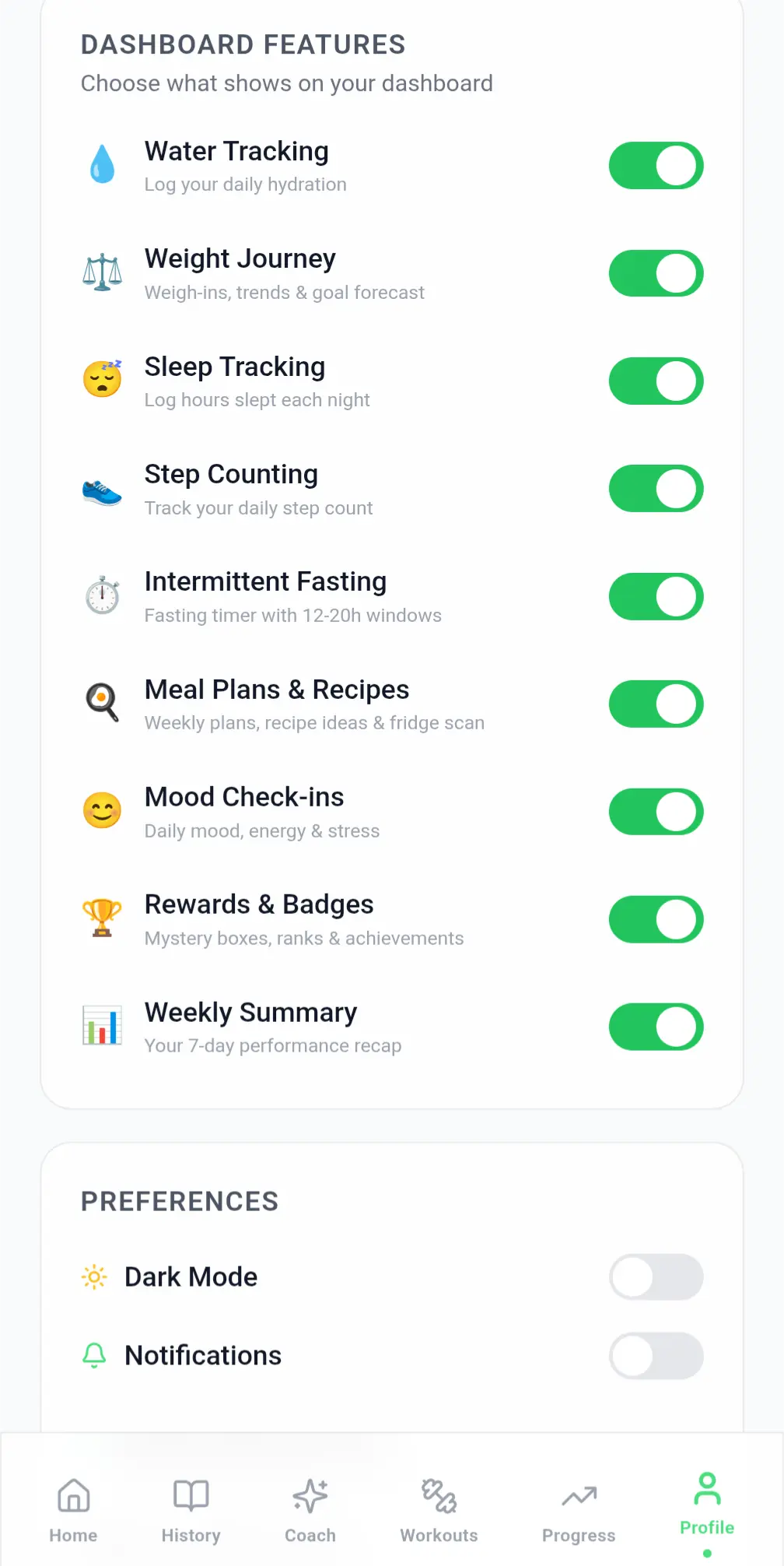 Dashboard settings with toggles for water tracking, weight journey, sleep, steps, fasting, meal plans, mood check-ins and rewards
