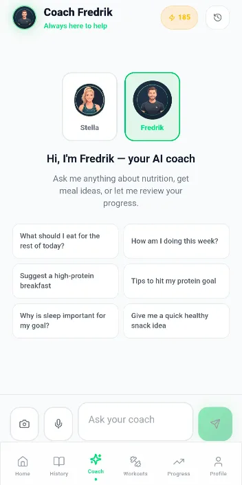 AI coach chat screen with coach personas Stella and Fredrik
