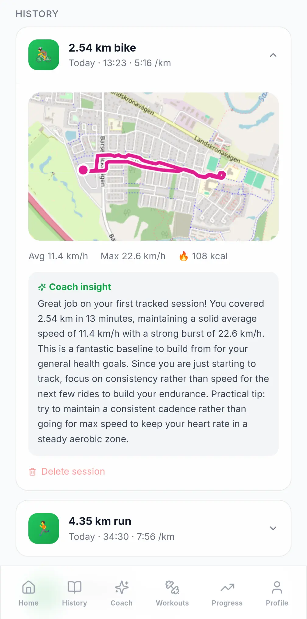 GPS-tracked 2.54 km bike ride with the route drawn on a map, average and max speed, 108 kcal burned, and an AI coach insight about the session