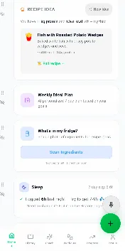Recipe idea card suggesting fish with roasted potato wedges based on remaining protein and calories, plus weekly meal plan and fridge scan
