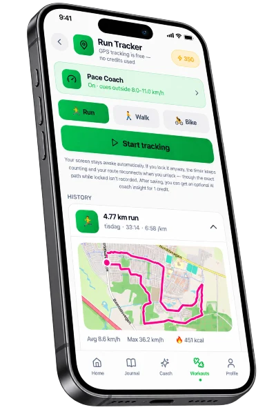 Navilo Health Run Tracker with the Pace Coach set to cue outside 8 to 11 km per hour, run, walk and bike modes, a Start tracking button, and a 4.77 km run in history with its GPS route map, 8.6 km per hour average and 451 kcal