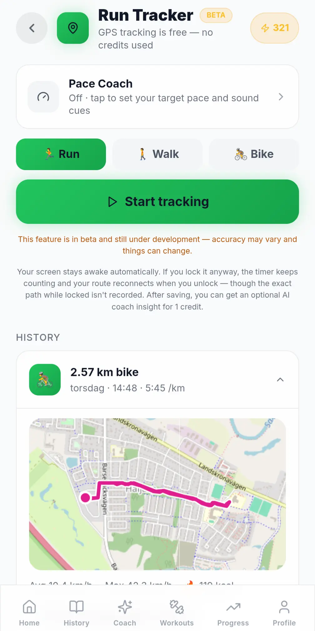 Navilo Health Run Tracker screen with the Pace Coach card, run, walk and bike mode selector, a Start tracking button and a recent bike ride with its GPS route map below
