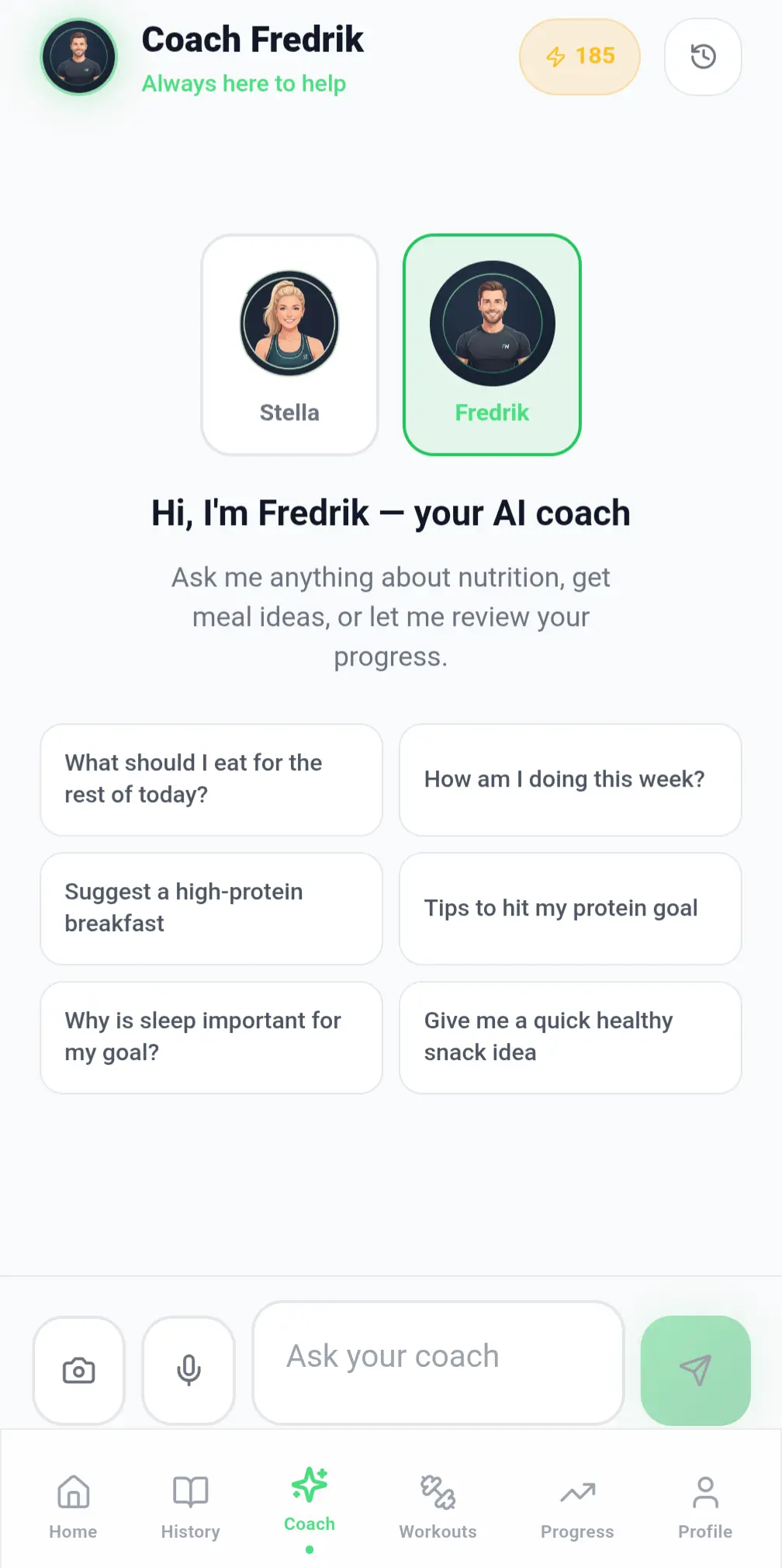 AI coach chat screen with coach personas Stella and Fredrik