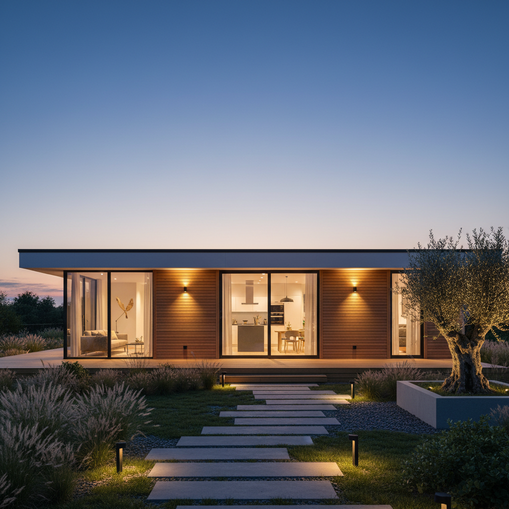 Modular home glowing warmly at twilight