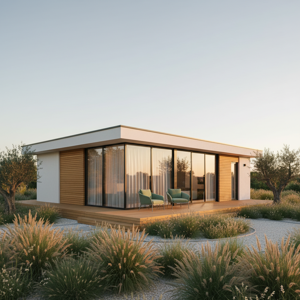 Modern single-storey modular home at golden hour