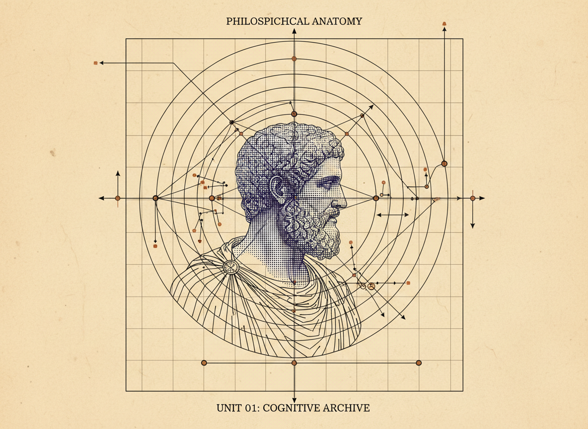 Abstract philosophical illustration combining a classical bust silhouette with geometric diagrams and coordinate grids