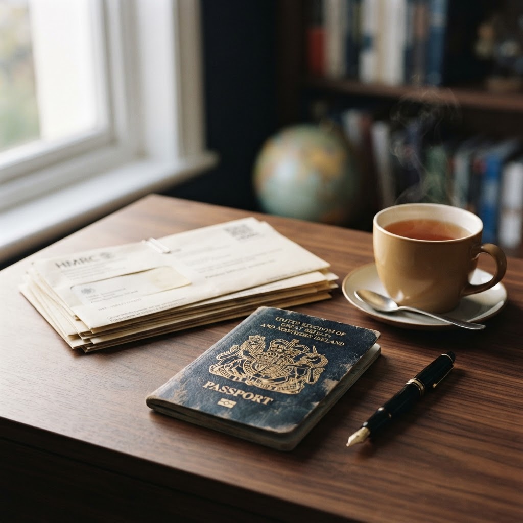 British passport and HMRC letters on a desk