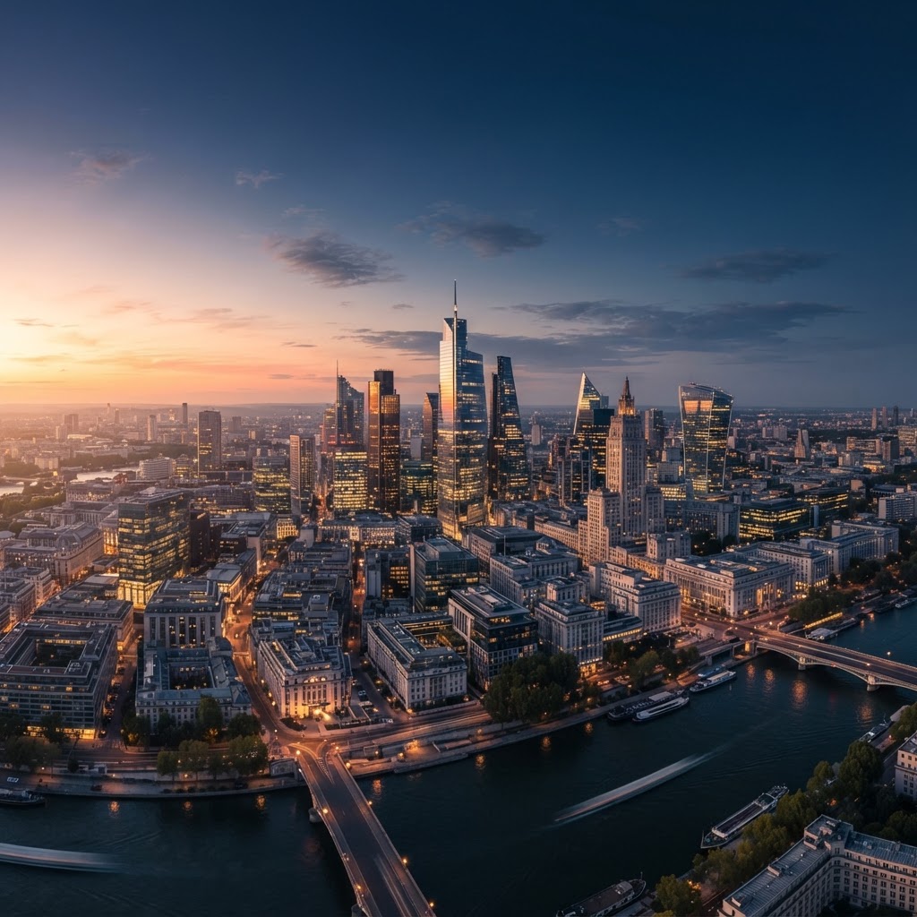 International skyline at twilight