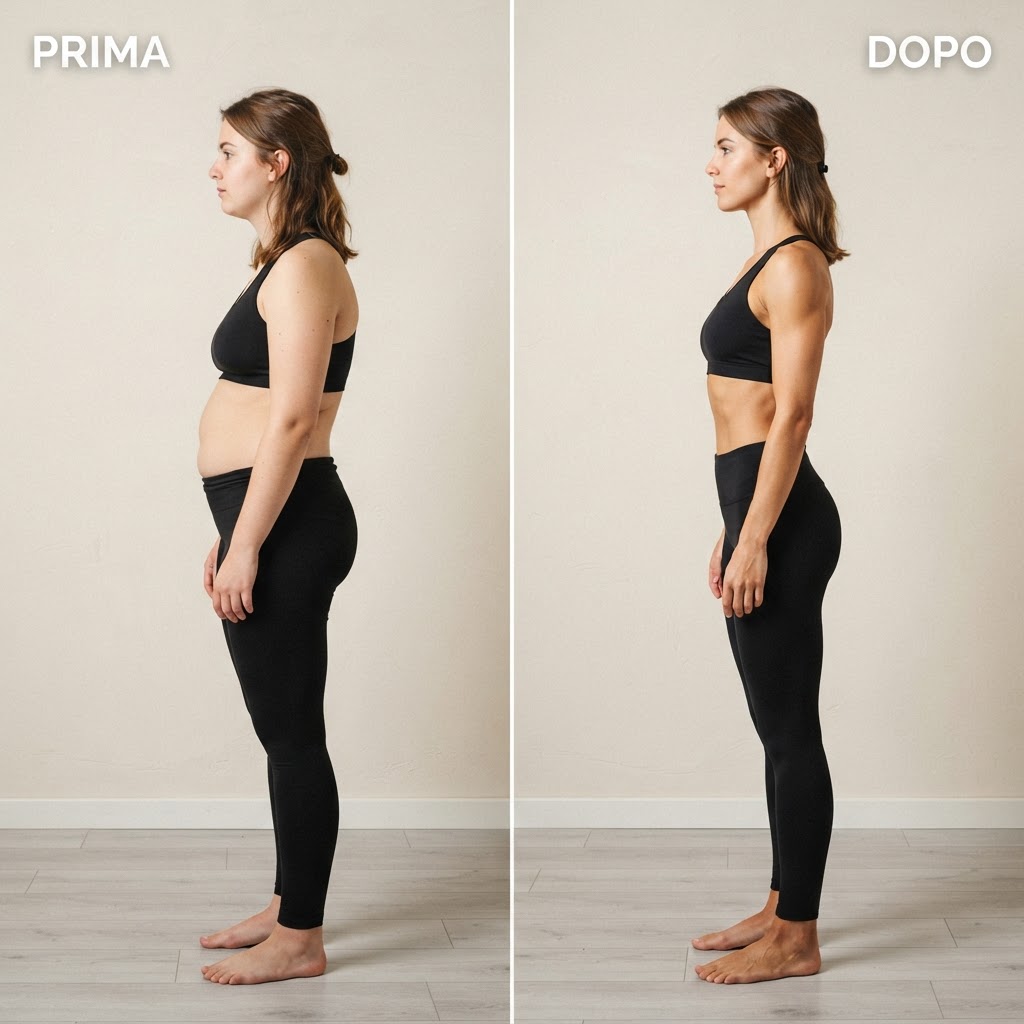 Trasformazione del corpo con il Pilates: prima e dopo, vista laterale