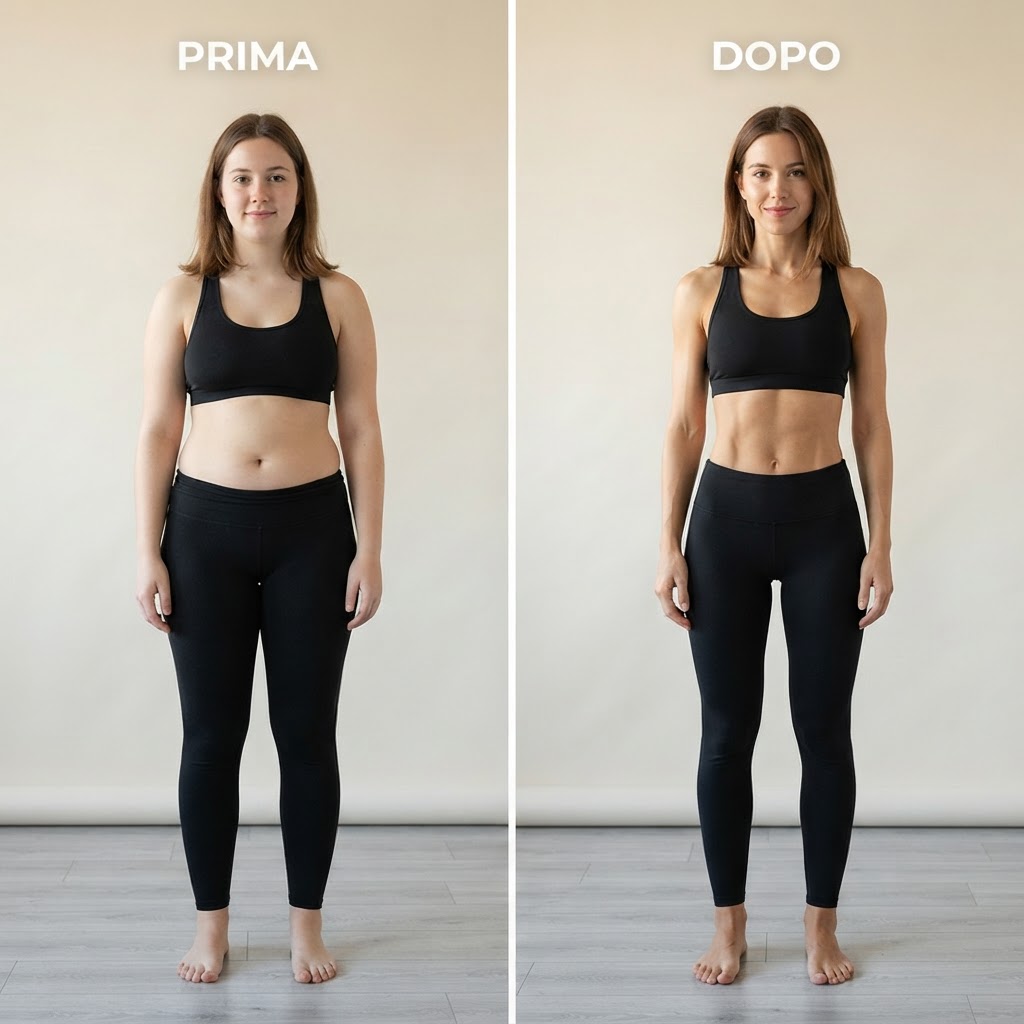Trasformazione del corpo con il Pilates: prima e dopo, vista frontale
