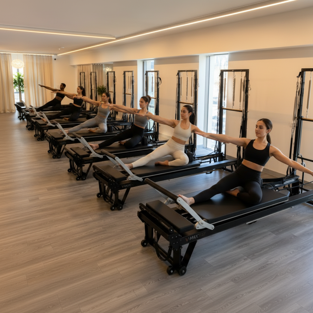 Istruttrice che guida una studentessa sul reformer
