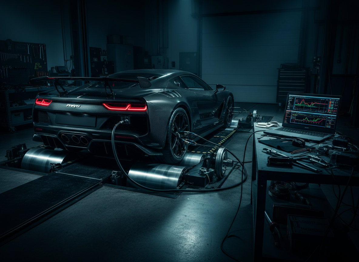 Performance car on a dyno rolling road in a professional workshop with blue lighting