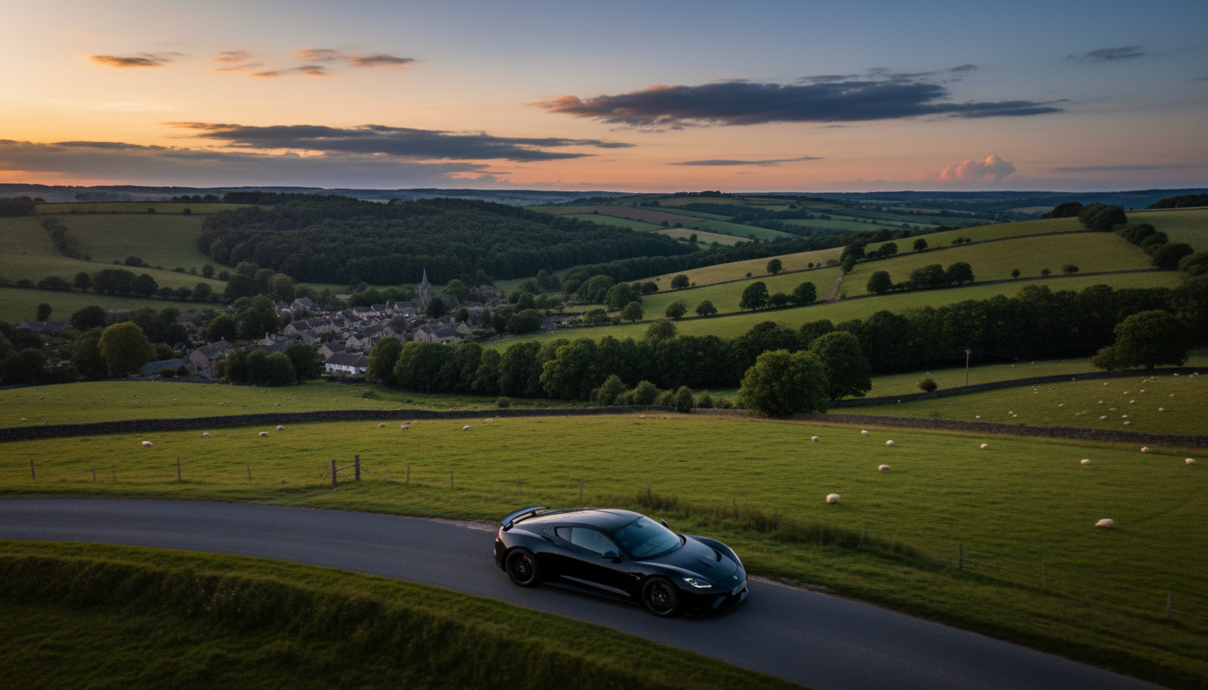 Performance car driving through the Cheshire countryside at dusk
