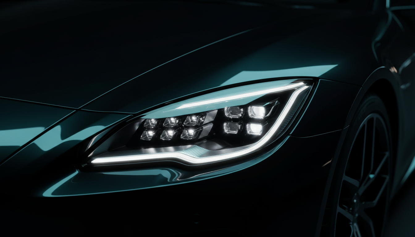 Close-up of a modern performance car headlight with dramatic cyan lighting