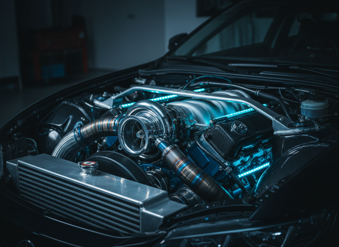 High-performance turbocharged engine bay with cyan LED accent lighting