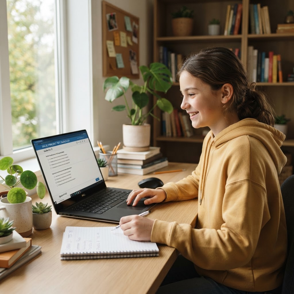 A happy young learner taking the LingoTest English exam on a laptop at home