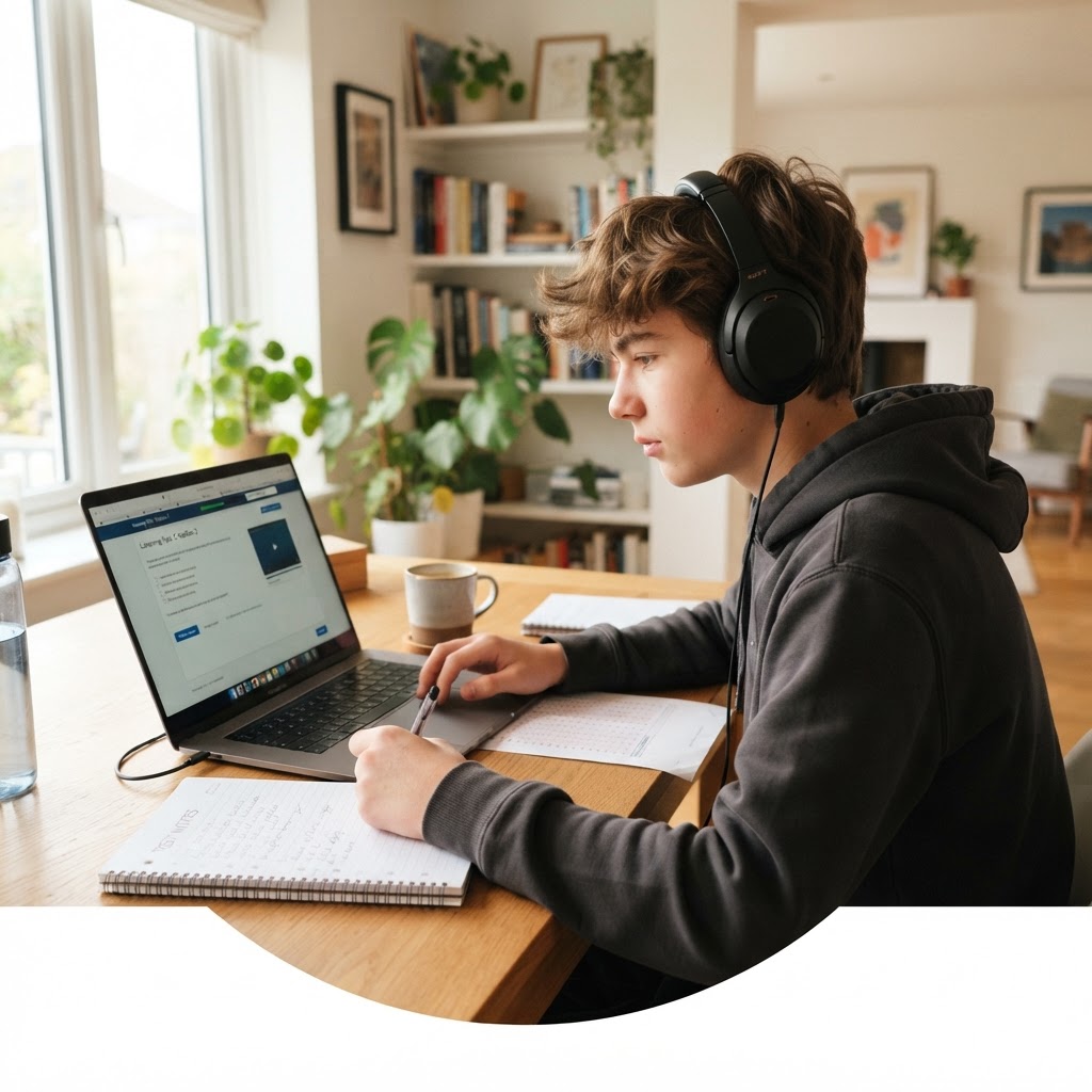A young learner taking the LingoTest listening test with headphones