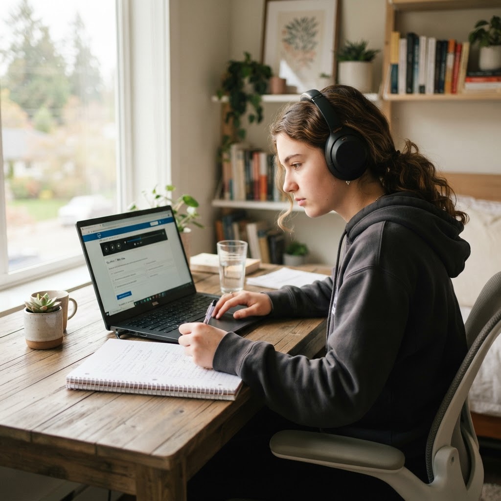 A student taking the LingoTest listening test with headphones