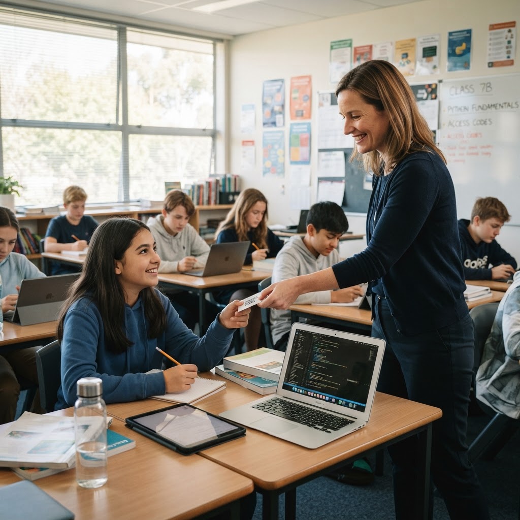 A teacher handing out access codes to students taking the LingoTest English exam in a classroom